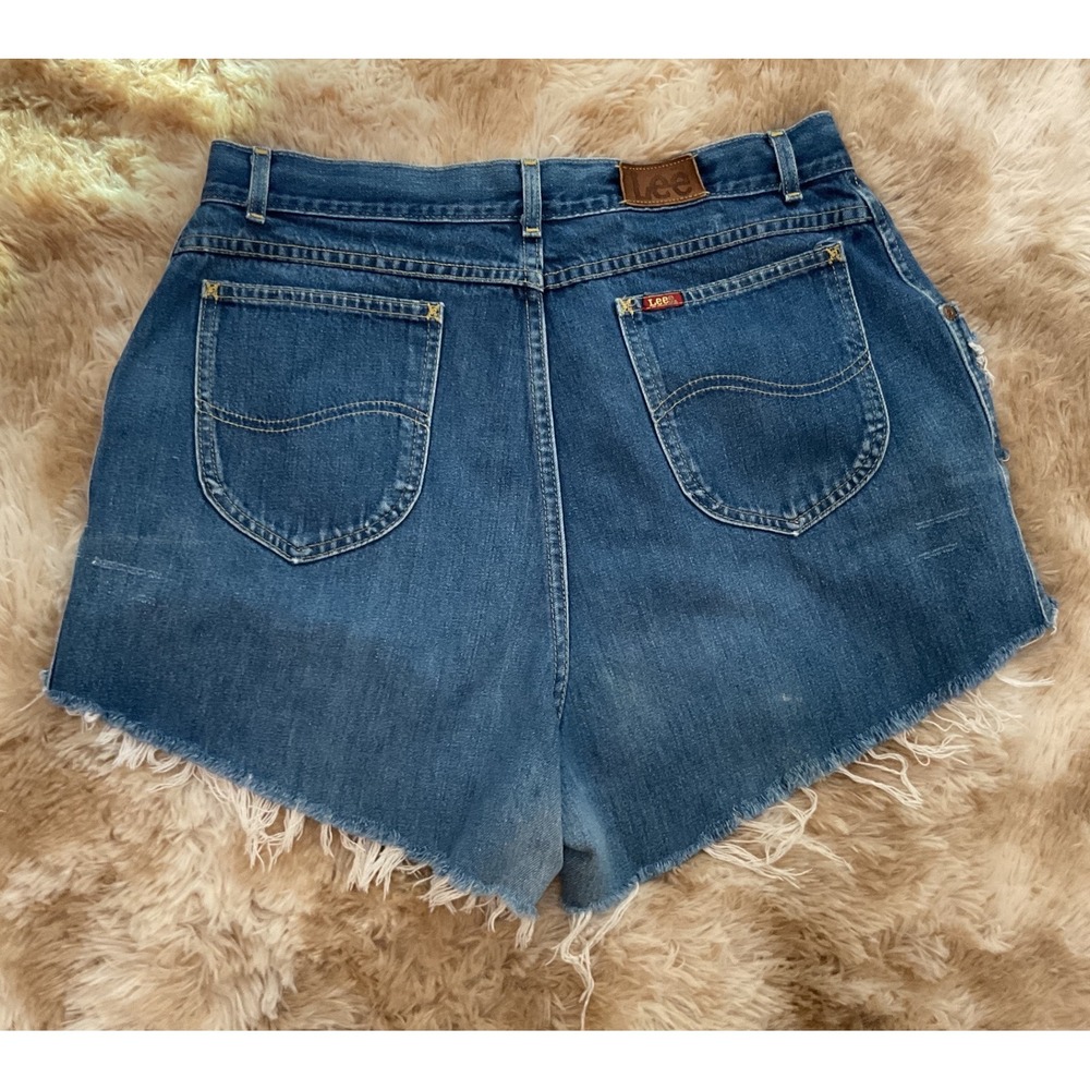 Vintage Lee High Waisted Distressed Denim Shorts Blue Made in USA Size 18